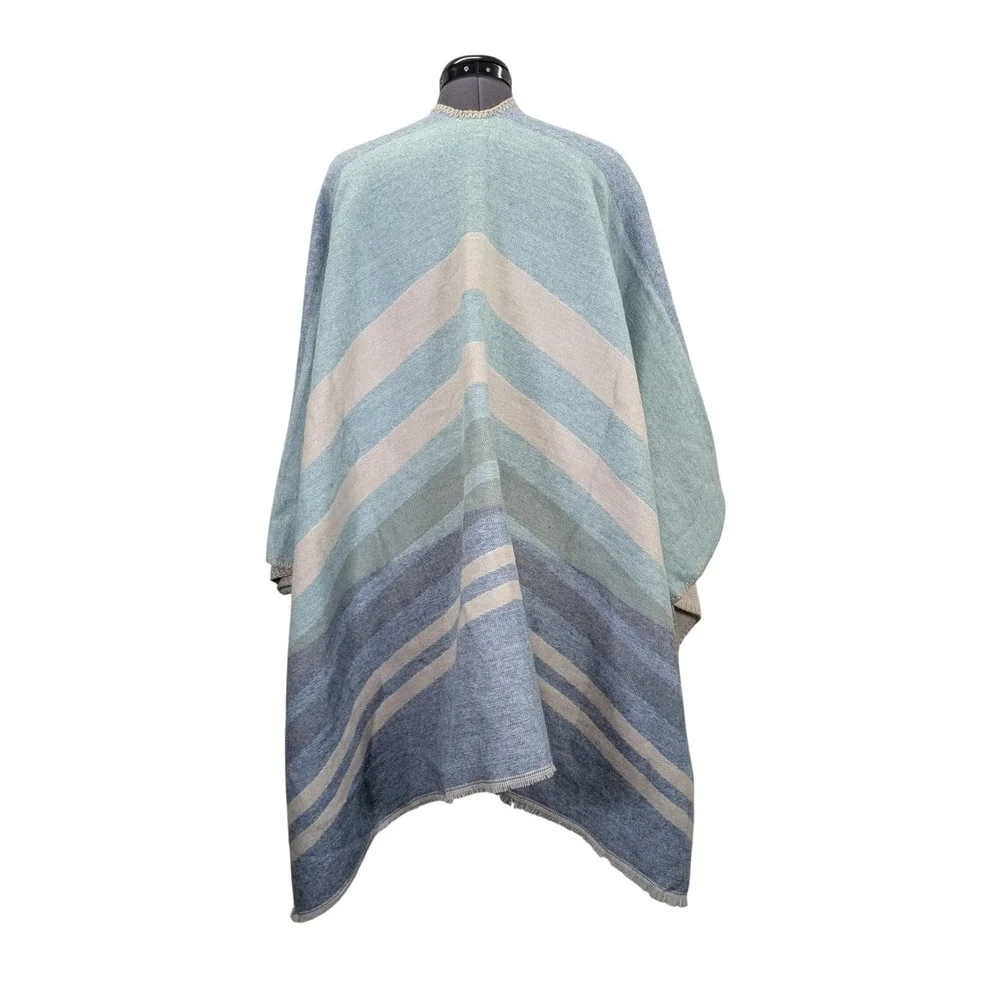 World‎ Market Striped Ruana Wrap Poncho Shawl Blue Cream One Size Boho